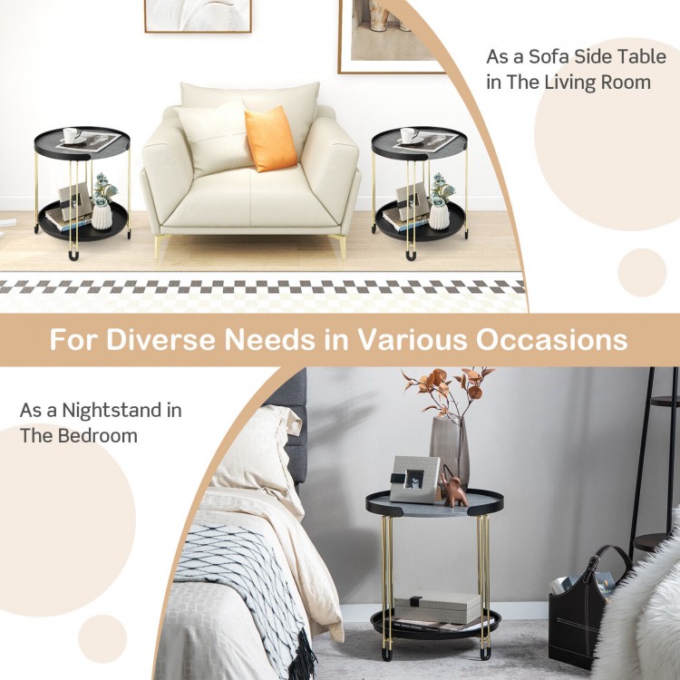 2-tier round side table with removable tray, grey dolomite and golden metal frame, perfect as a nightstand or side.