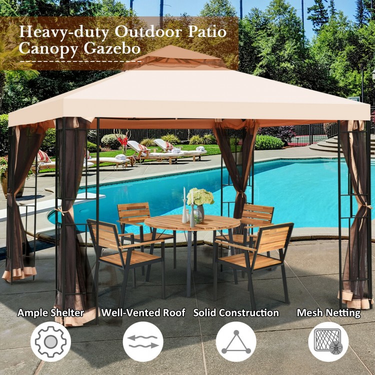 10 x 10 feet heavy-duty light brown patio gazebo with mosquito netting, perfect for outdoor events and gatherings.