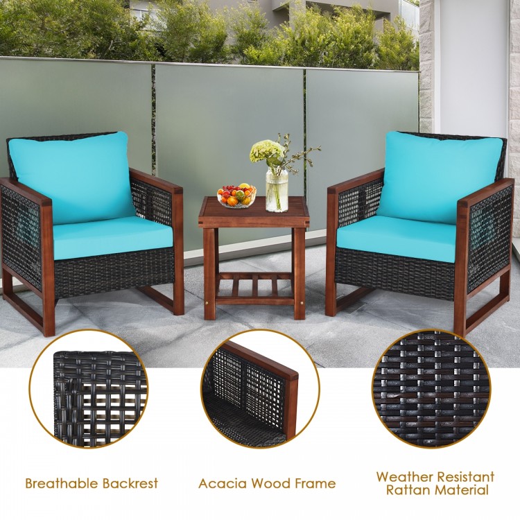 Two turquoise cushioned patio chairs with acacia wood frames and a coffee table, perfect for outdoor relaxation.
