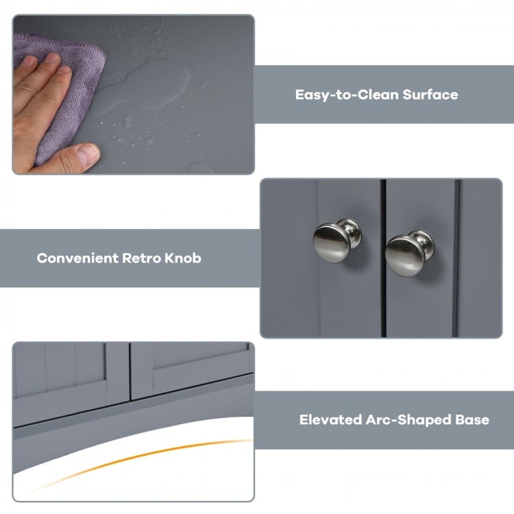 Close-up of the gray bathroom storage cabinet's easy-to-clean surface and convenient retro knobs for stylish.