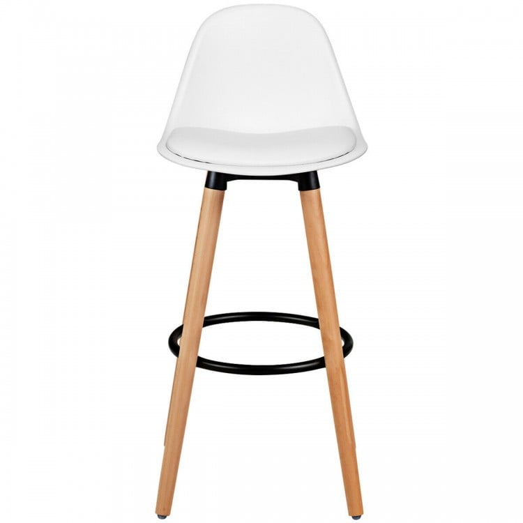 Single mid-century barstool showcasing a sleek white PU leather seat and sturdy beech wood legs, perfect for modern.