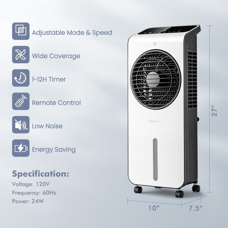 3-in-1 evaporative air cooler in white with remote control, 12H timer, and 360° rotating fan blades for wide coverage.