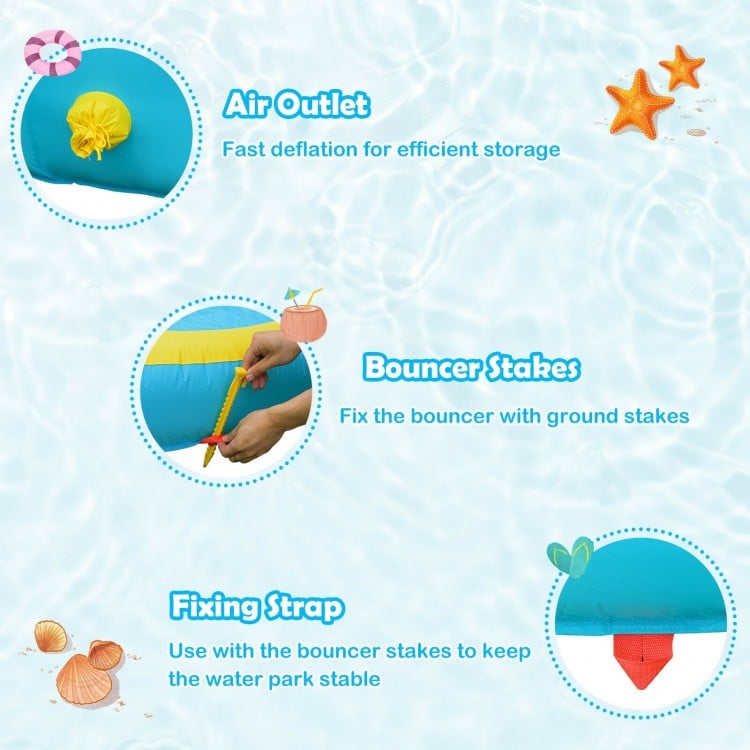 Detail of the inflatable water slide park showing air outlet, bouncer stakes, and fixing strap for stability and.