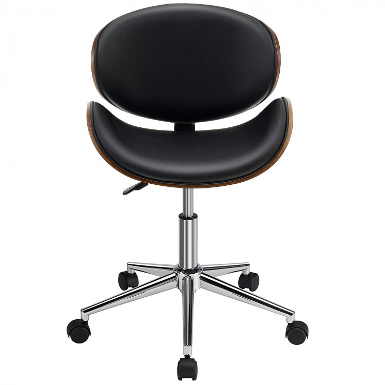 Adjustable black leather office chair with bentwood design, ergonomic curved seat, and 360° swivel for versatile use.