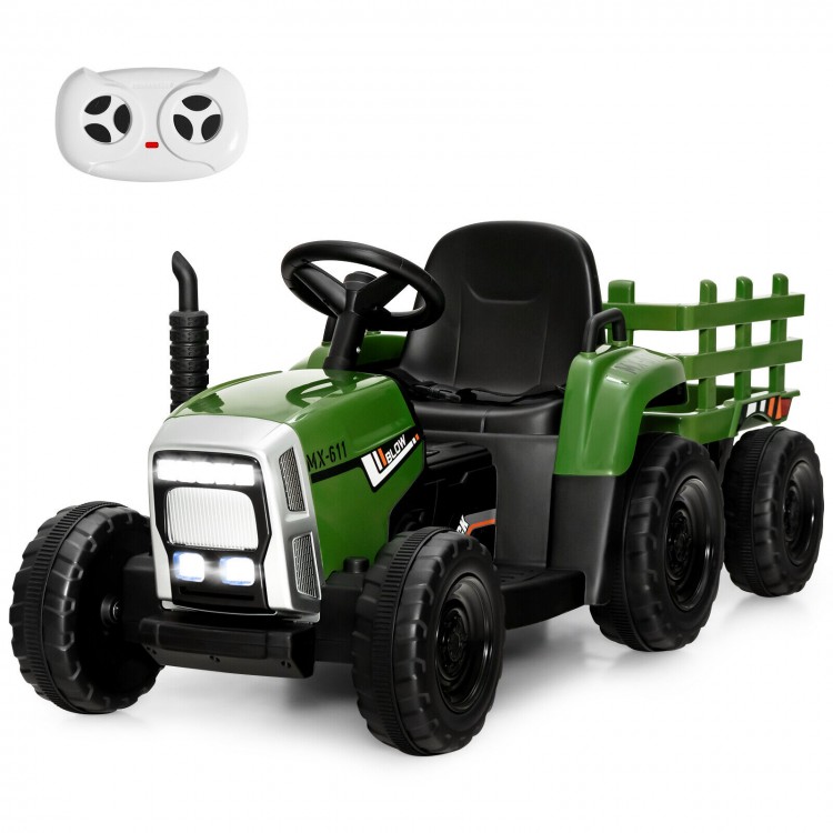 Ride-on dark green tractor with detachable trailer, remote control, and safety features for kids aged 3 and up.