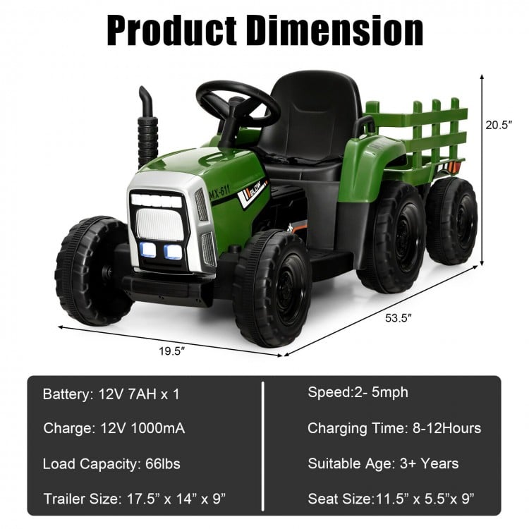 Dark green 12V ride-on tractor with detachable trailer, remote control, and safety features for kids aged 3+.