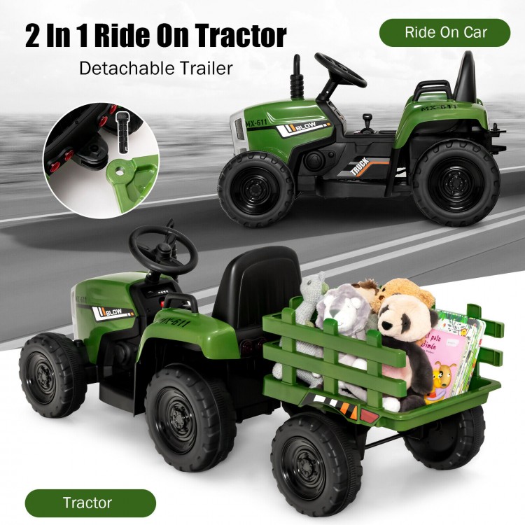 Ride-on tractor in dark green with detachable trailer, remote control, and safety features for kids aged 3+.