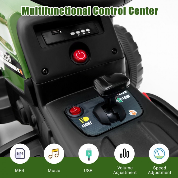 Multifunctional control center of the 12V ride-on tractor featuring speed adjustment, music, and USB connectivity.