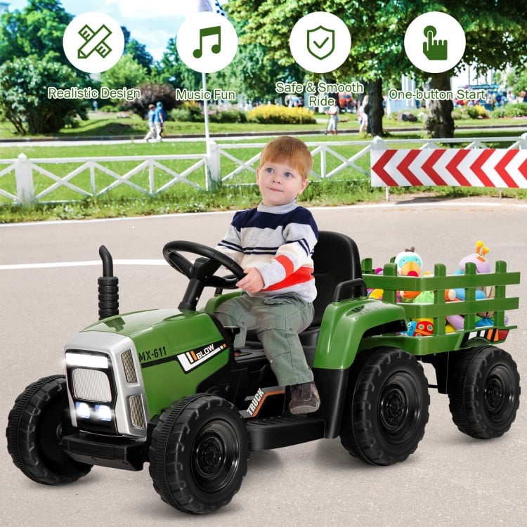 Ride-on tractor for kids with detachable trailer, 12V motor, safety belt, and remote control for outdoor fun.
