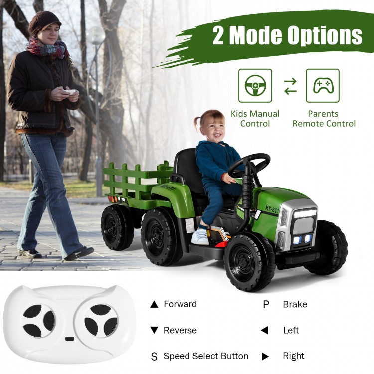 Ride-on tractor for kids with detachable trailer, 12V motor, remote control, and safety features for outdoor fun.