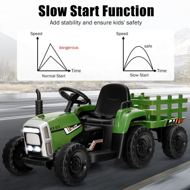 Dark green 12V ride-on tractor with detachable trailer, featuring soft start function for kids' safety and comfort.