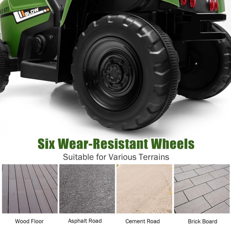 Dark green 12V ride-on tractor with wear-resistant wheels, suitable for various terrains, designed for kids 3+ years.