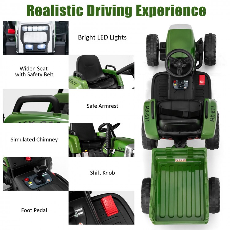 12V dark green ride-on tractor with detachable trailer, wide seat, safety belt, and bright LED lights for kids.