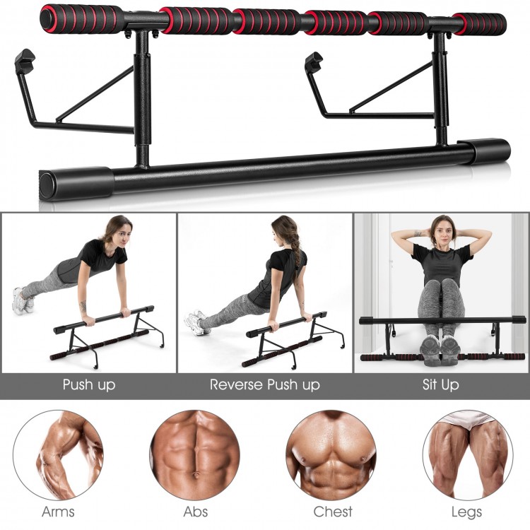 Foldable pull-up bar with foam grip for home gym, featuring six grips for versatile workouts and supports up to 440 lbs.
