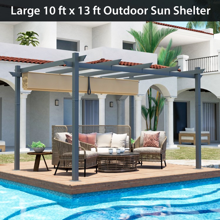 Large 10 ft x 13 ft outdoor aluminum pergola canopy shelter with beige fabric, ideal for garden and poolside gatherings.