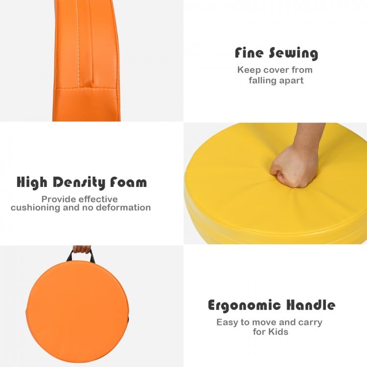 Round toddler floor cushion with ergonomic handle, high-density foam, and waterproof cover for easy portability and.
