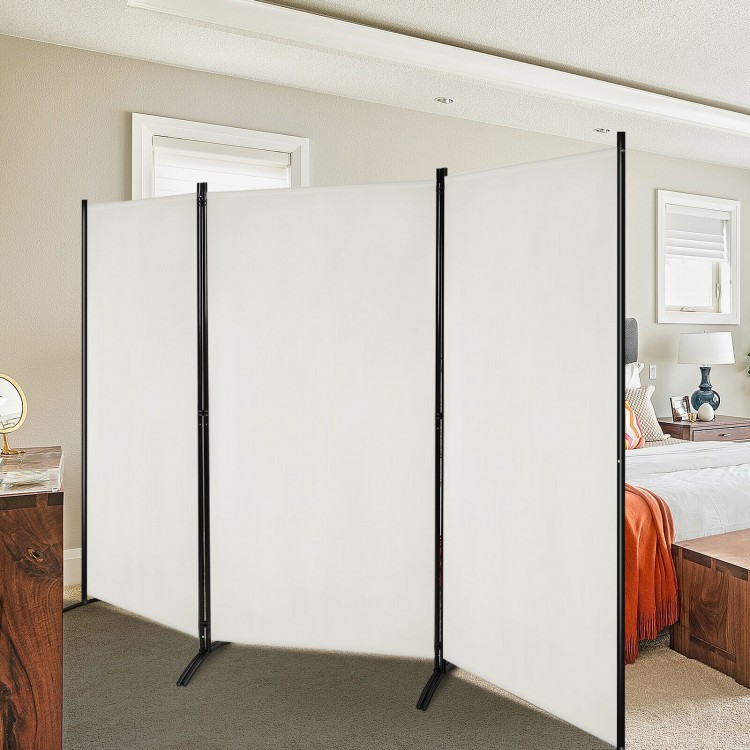 Three-panel room divider in white, featuring a lightweight design and curved steel feet for easy mobility in any space.