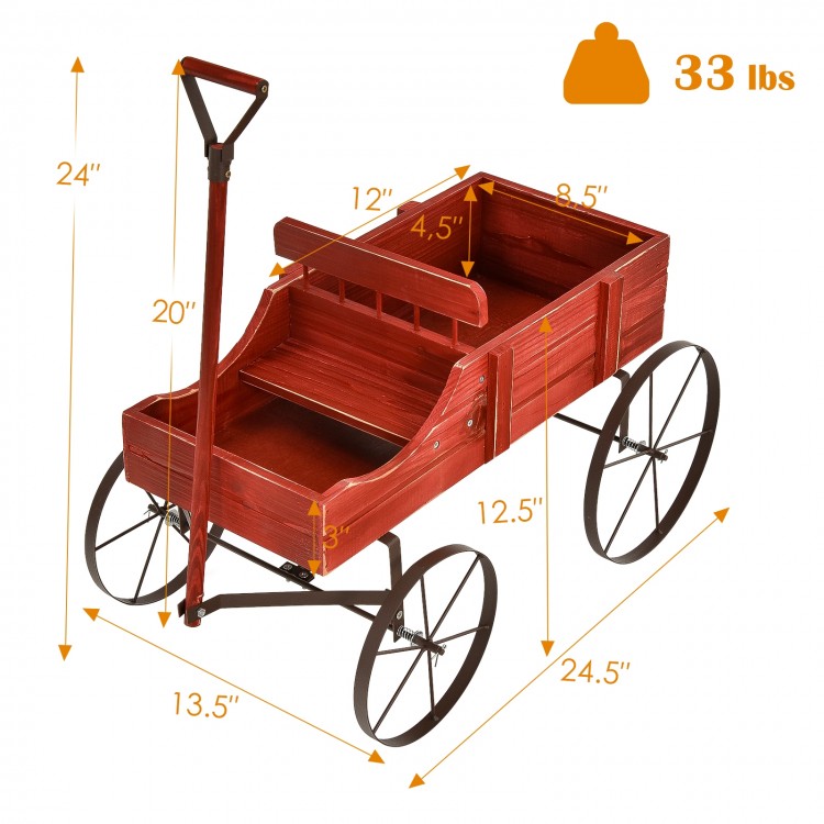 Wooden wagon plant bed in red with metal wheels, featuring two planting sections for garden use and easy mobility.