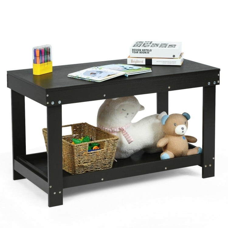Dark brown multifunctional wood kids activity play table with storage shelf, ideal for learning and play.