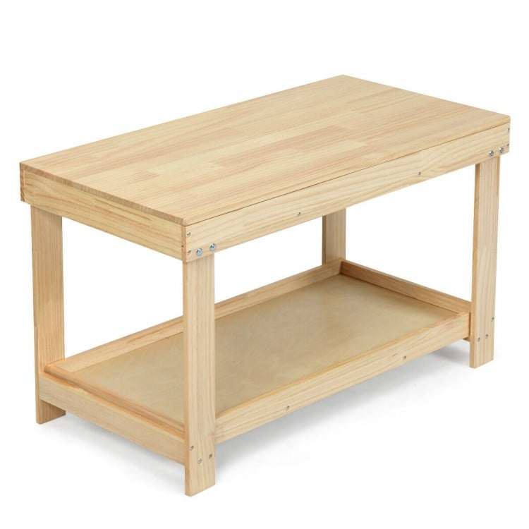 Natural pine wood kids activity play table with removable top and double storage shelf for toys and learning activities.