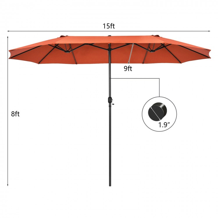 15-foot double-sided patio umbrella in orange with hand-crank system, ideal for creating a large shaded area outdoors.