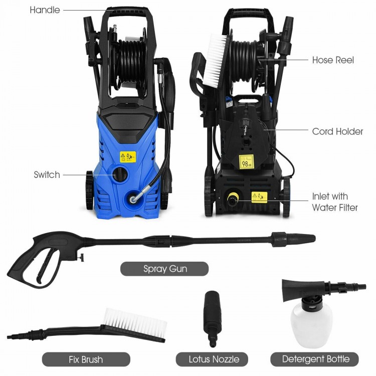 Electric pressure washer with hose reel, 2030 PSI, includes spray gun and detergent bottle for versatile cleaning tasks.