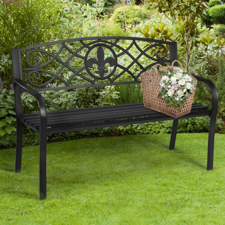 50-inch metal garden bench featuring a stylish backrest and smooth armrests, ideal for relaxing in your garden or.