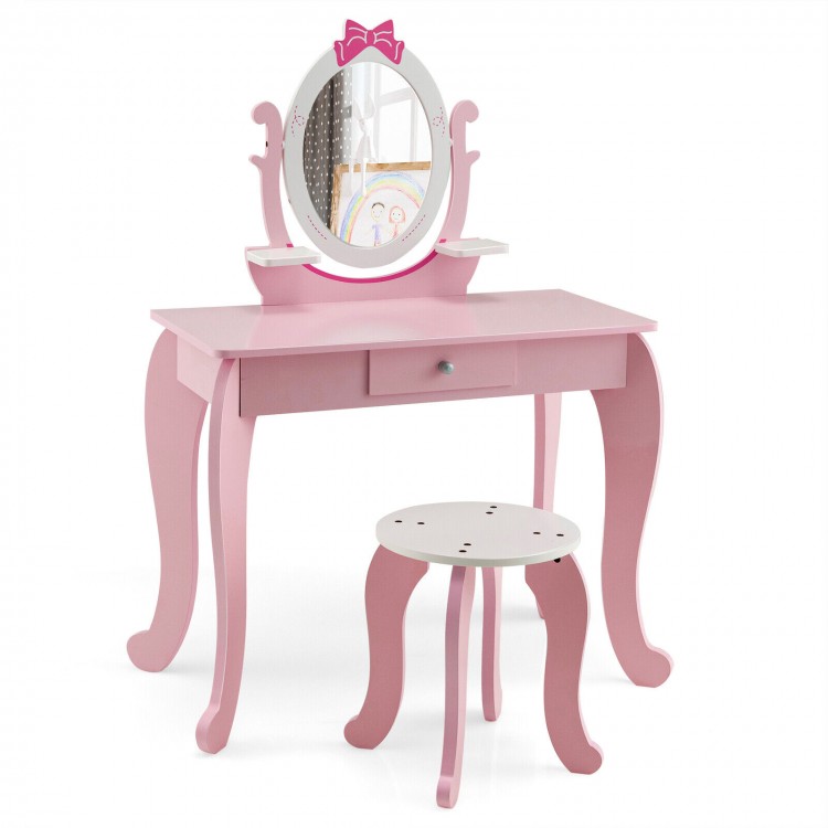 Pink kid vanity table set with oval rotatable mirror, sturdy MDF, spacious tabletop, ideal for girls aged 3-7.