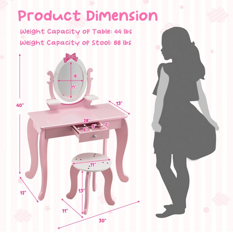Kid vanity table and stool set in pink with oval rotatable mirror, featuring spacious storage and sturdy MDF.