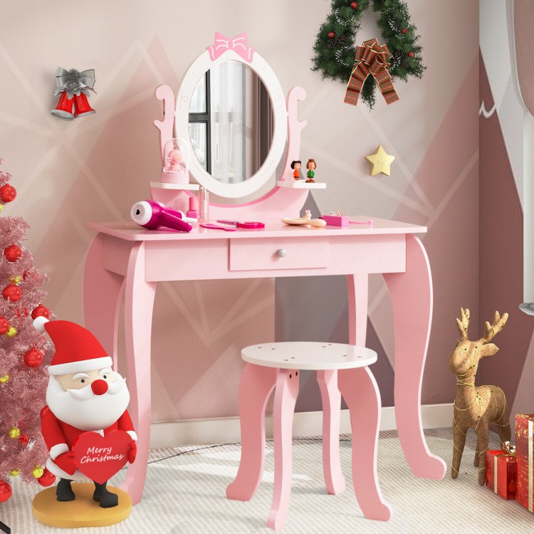 Pink kid vanity table set with oval rotatable mirror, sturdy MDF, and spacious storage for little girls' essentials.