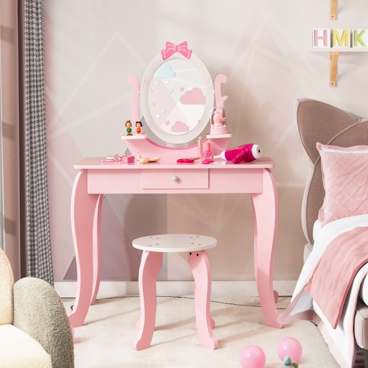 Pink kid vanity table set with oval rotatable mirror, spacious tabletop, and sturdy curved legs for young girls.