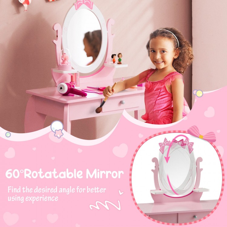 Kid vanity table set in pink with oval rotatable mirror, featuring spacious storage and durable MDF construction for.