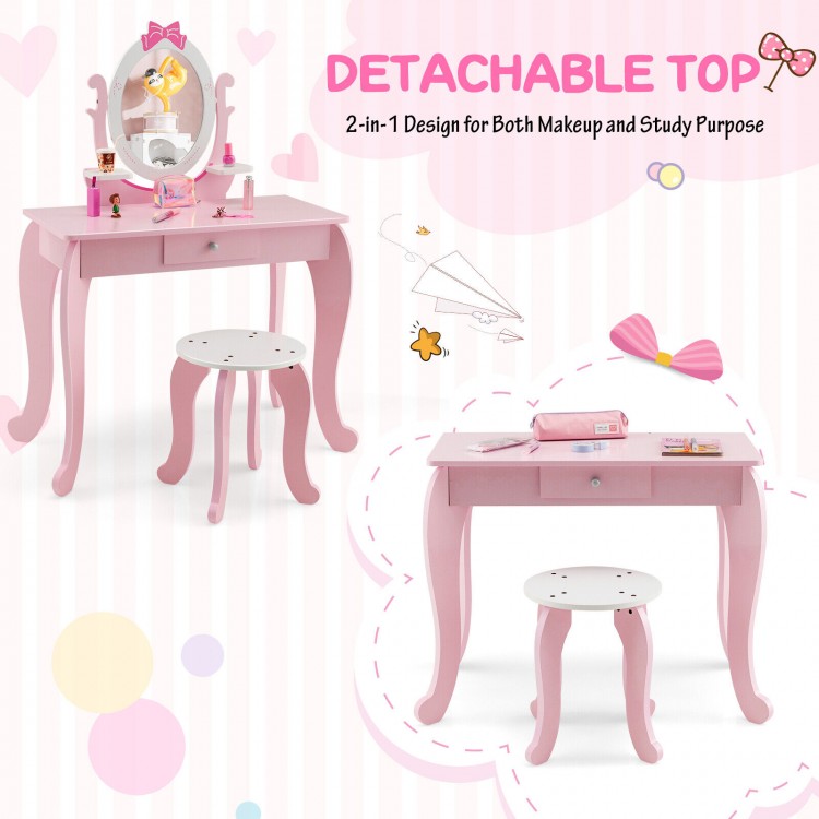 Kid vanity table and stool set in pink with detachable mirror, perfect for makeup and study, designed for girls aged 3.