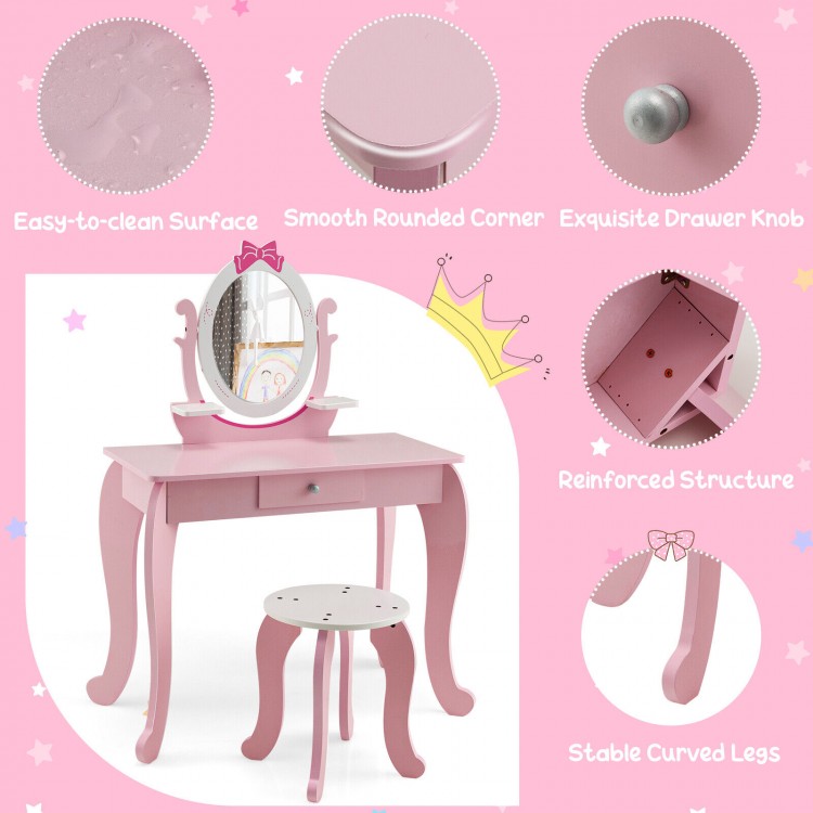 Pink kid vanity table set with oval rotatable mirror, sturdy MDF, spacious drawer, and stable curved legs for young.