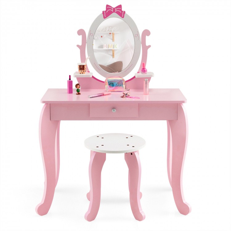Pink kid vanity table set with oval mirror, sturdy MDF, spacious tabletop, and practical drawer for young girls.