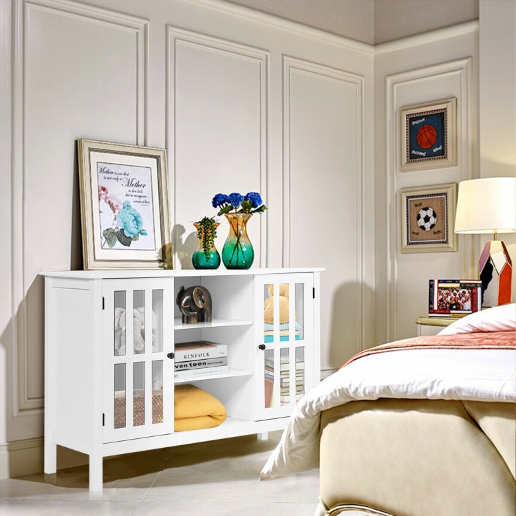 White wooden TV stand console cabinet with glass doors, featuring 2 cupboards and 3 display shelves for organized.