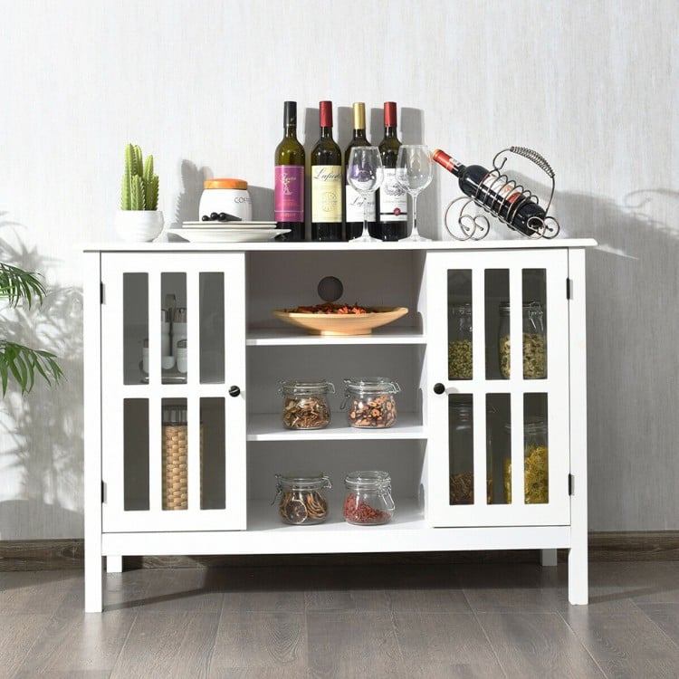 Elegant white wooden TV stand console cabinet with glass doors, ideal for displaying decor and organizing entertainment.