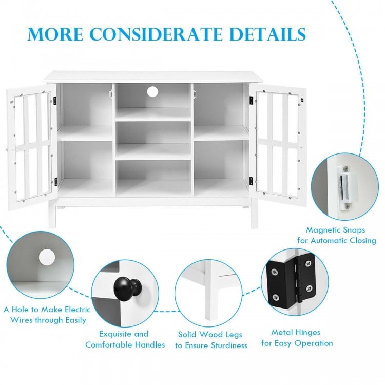 White wooden TV stand console cabinet showcasing magnetic snaps for automatic closing and stylish glass windows for.