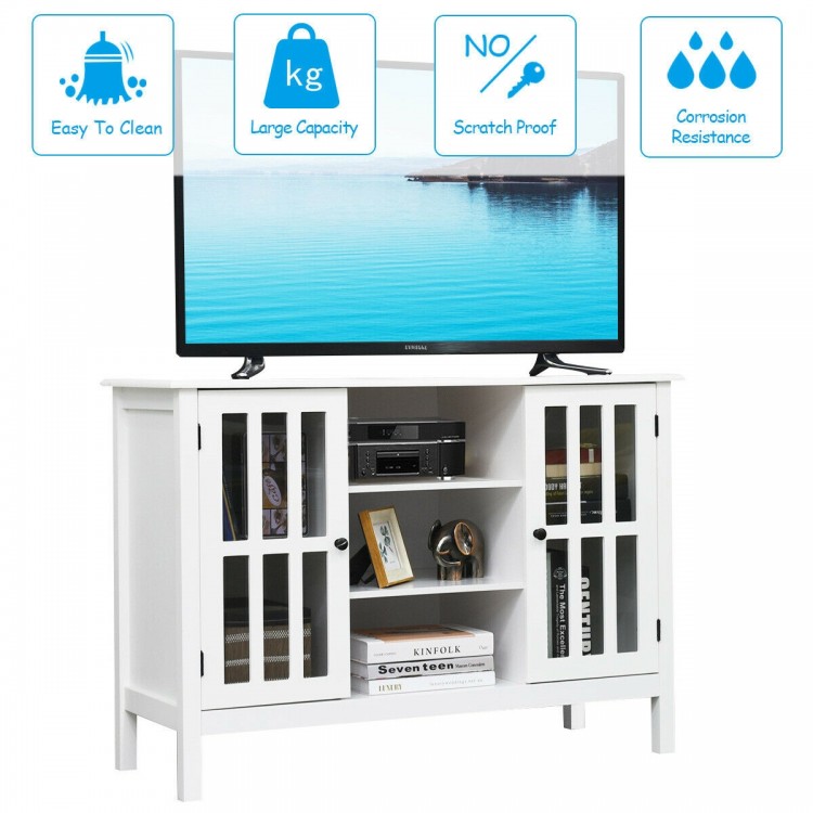 Wooden TV stand console cabinet in white with two cupboards and three display shelves, perfect for organizing media.