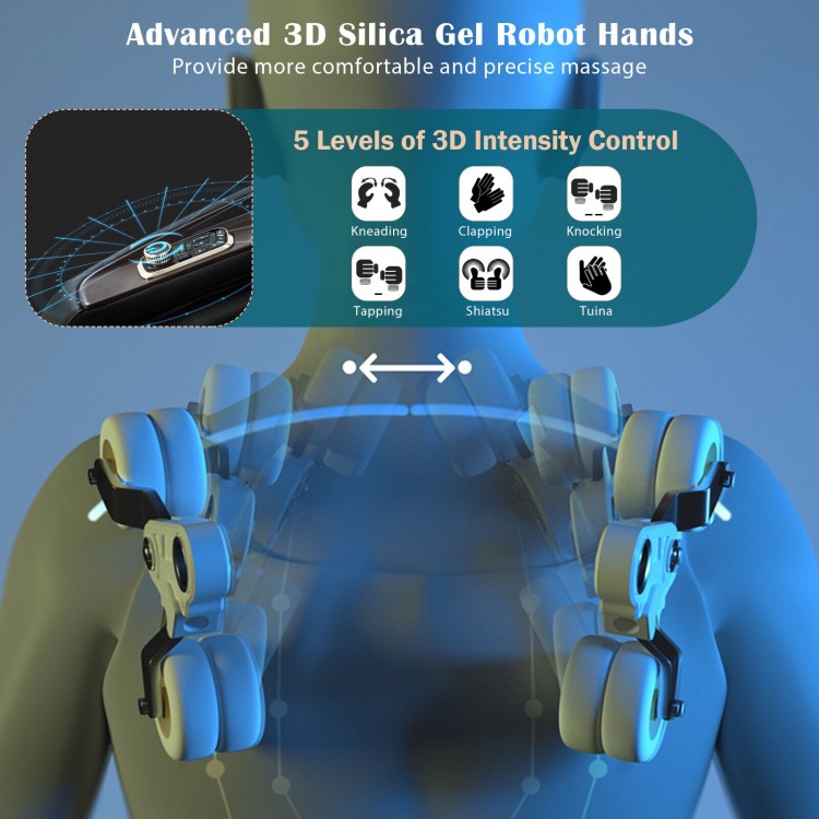 3D silica gel robot hands on the Enjoyment 13 massage chair, featuring 5 intensity controls for a customizable massage.