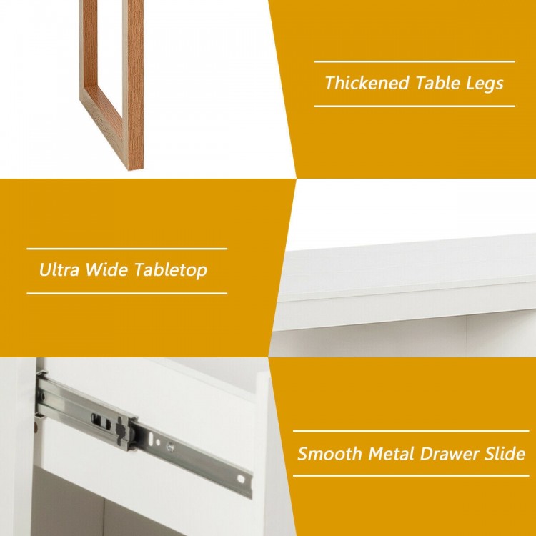 Thickened table legs and smooth metal drawer slide of the modern white computer desk for enhanced stability and storage.