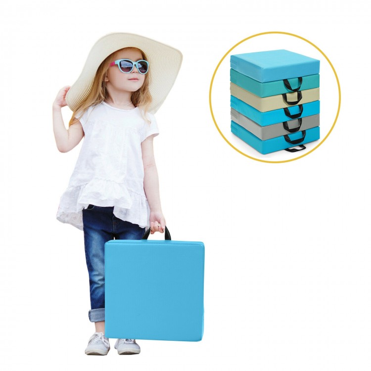 Colorful 15-inch square toddler floor cushions with handles, featuring soft foam and waterproof cover for versatile.