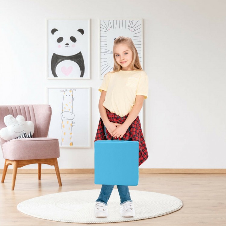 Blue 15-inch square toddler floor cushion with ergonomic handle, ideal for kindergartens and homes.