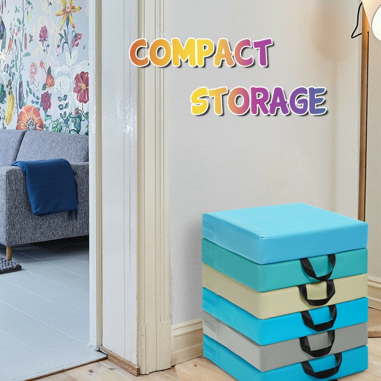 Stacked set of 6 colorful 15-inch toddler floor cushions with handles for compact storage and versatile seating.