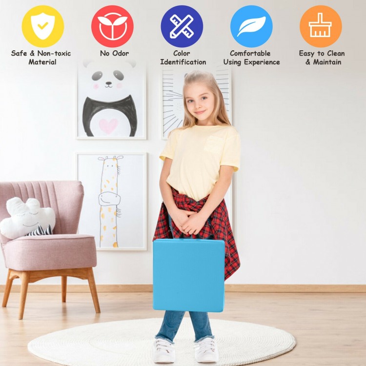 Blue 15-inch square toddler floor cushion with ergonomic handle, soft foam, and waterproof cover for versatile seating.