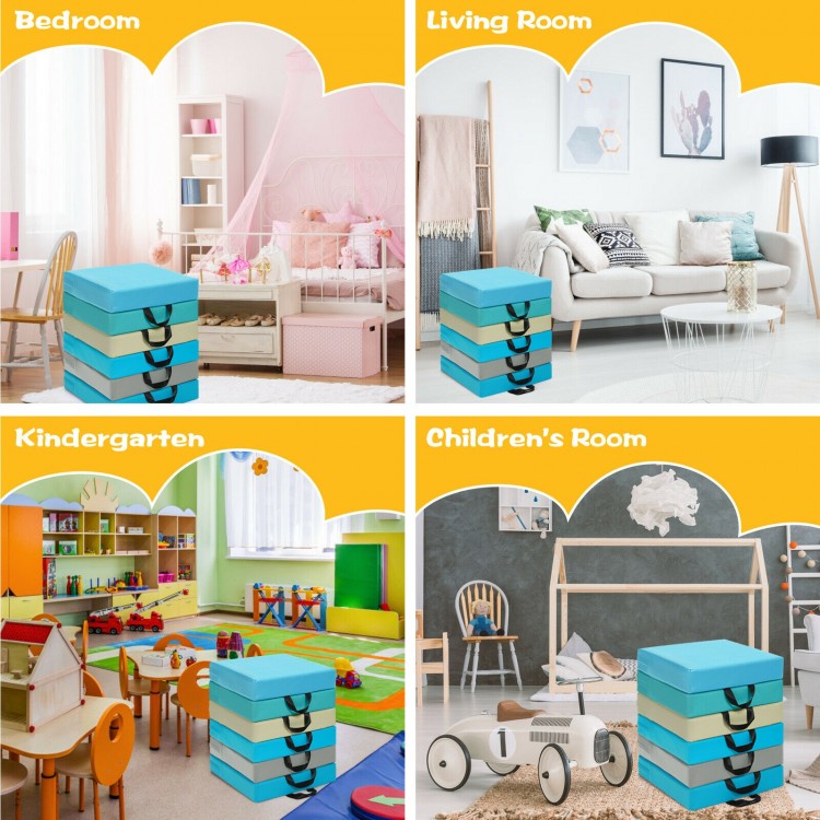Colorful 15-inch square toddler floor cushions with handles, ideal for kindergartens and children's rooms.