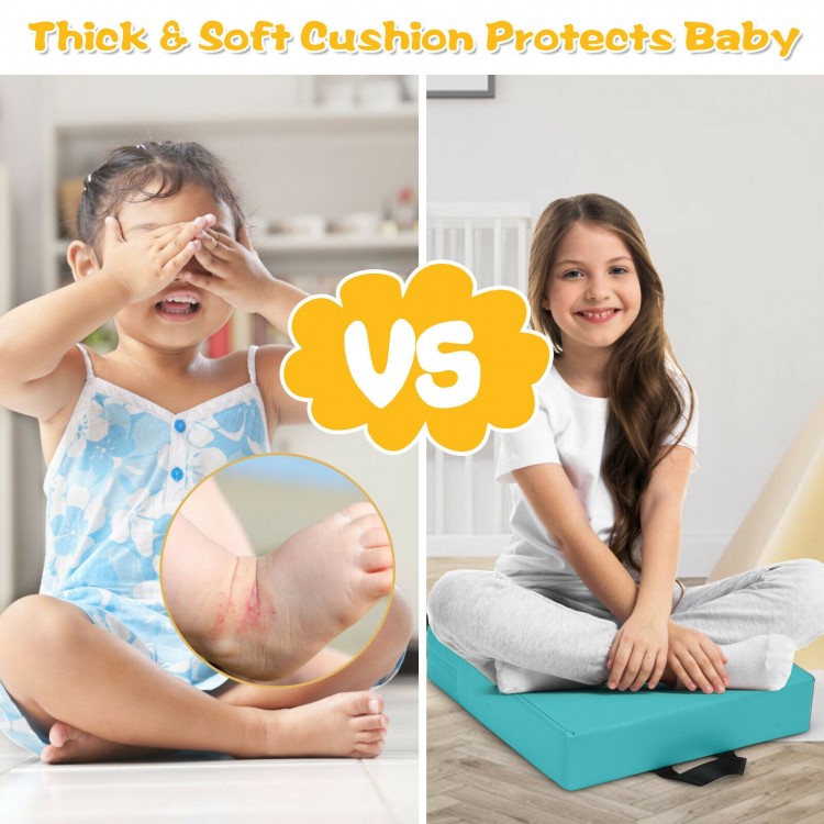 Thick 15-inch blue toddler floor cushion with handles, featuring 3" foam padding for safe and comfortable seating.