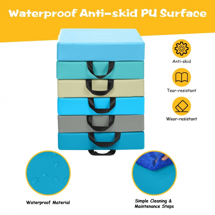 Stack of 6 colorful 15-inch toddler floor cushions with waterproof PU cover and ergonomic handles for easy transport.