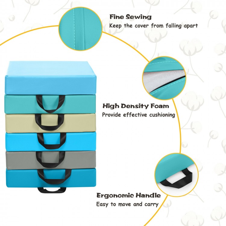 Blue toddler floor cushions with ergonomic handles, high-density foam, and waterproof cover for versatile seating.