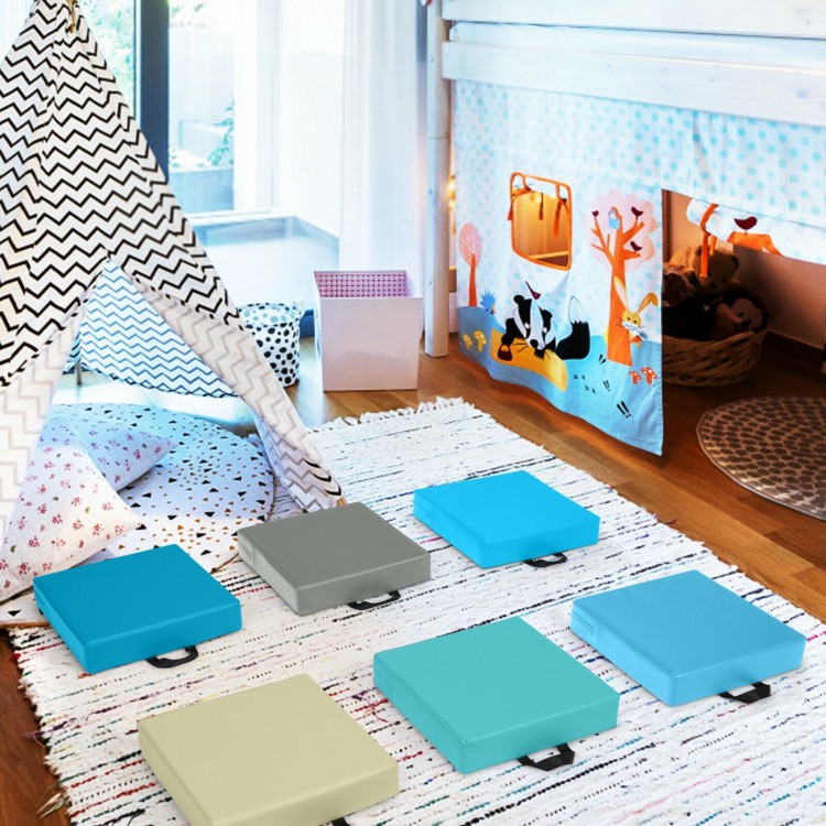 Colorful 15-inch square toddler floor cushions with handles, featuring waterproof covers and soft foam for comfortable.